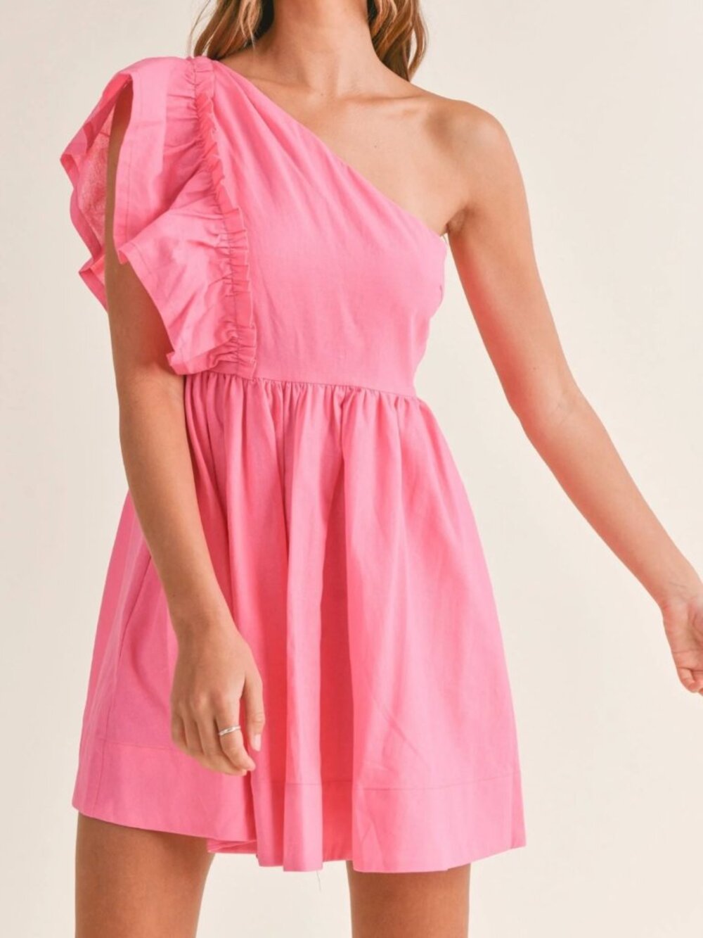 Mable Hot Pink One Shoulder Ruffle Cotton Linen Dress Size Medium